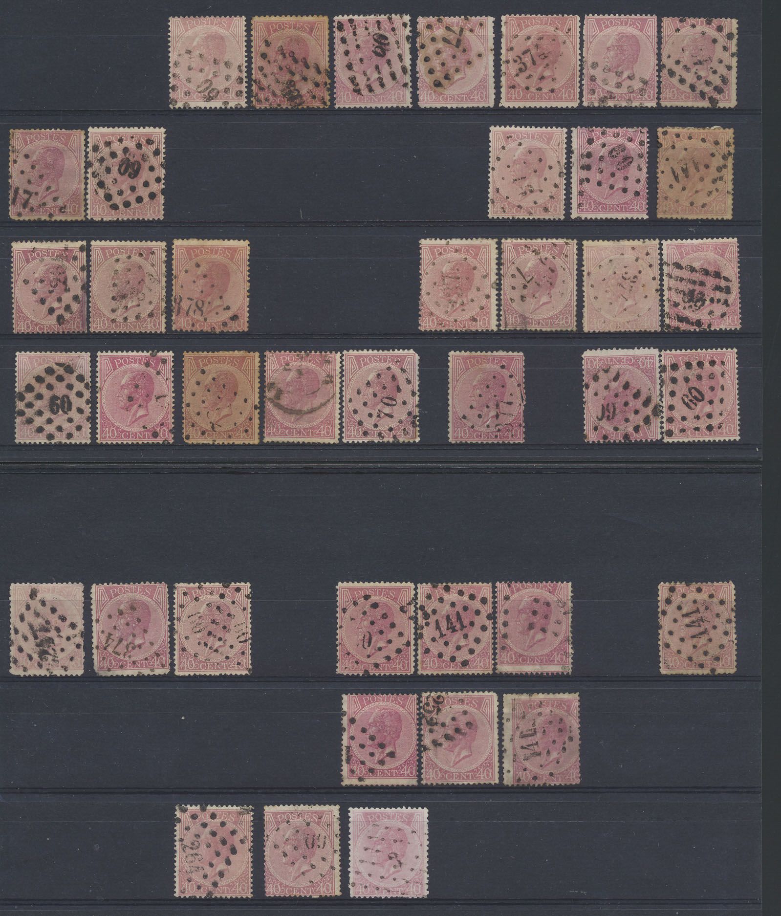 Nos 17/17A (44 ex.), 18/18A (24 ex.), 20/20A (40 ex.) Many colour shades, some difficult cancels (No 21A + PT 377, to be checked), vf/f/to be checked (OBP €1,000)