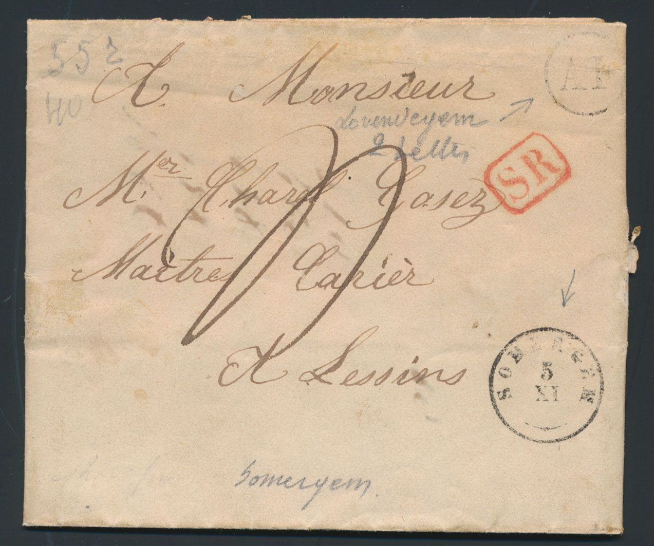 1845, voorloper met inhoud, vanuit Somergem (Type 18), met briefaanhef Lovendegem, dd. 5 november 1845, met postbusstempel 