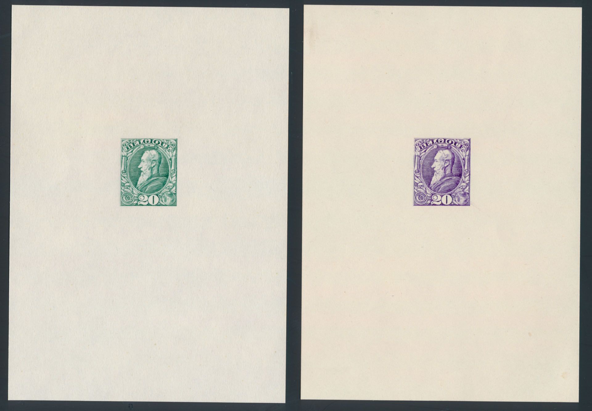 STES 2101 en 105, 2 proeven van de matrijs van een niet aangenomen ontwerp van E. Petitot (1887), op dik chamois papier, in het violet en het groen, zm 