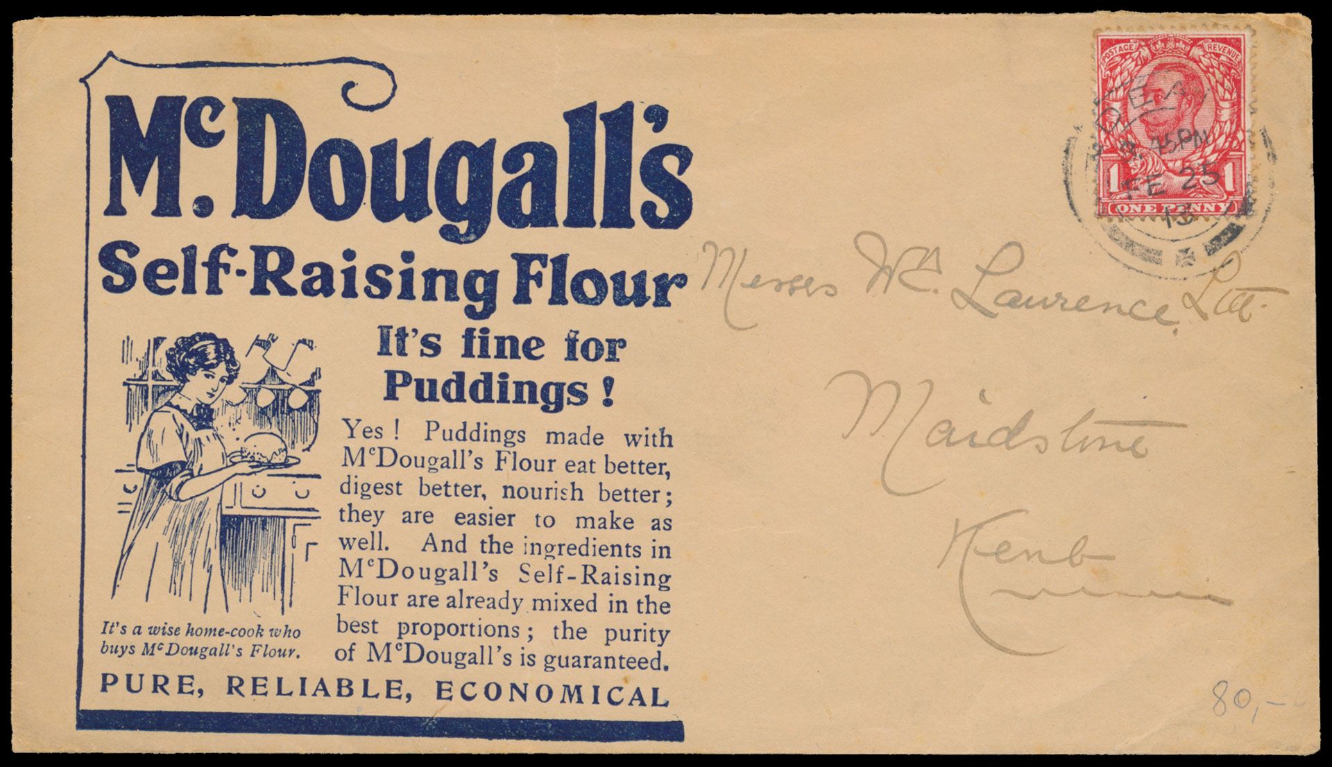 1913,Mooie commerciële brief 'Mc Dougall's' gefrankeerd met SG 350a Downey Head 1d var. 'No cross on crown', zm.