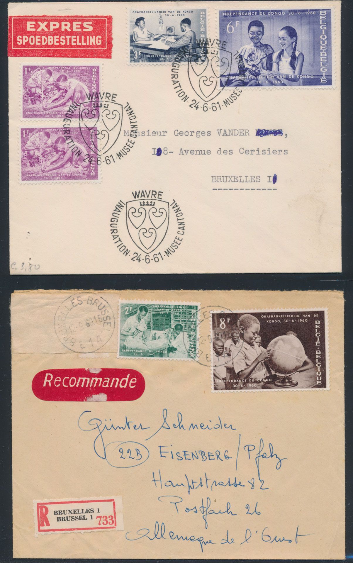 1960, onafhankelijkheid van Belgisch Congo, 4 brieven (1 aangetekend en 3 spoedbestellingen), gefrankeerd met deze uitgave, verstuurd uit Brussel, Wavre, Antwerpen en Borgerhout, met OBP 1145 (2x) en 1146 (2x) en verschillende andere waarden, zeldzaam, zm