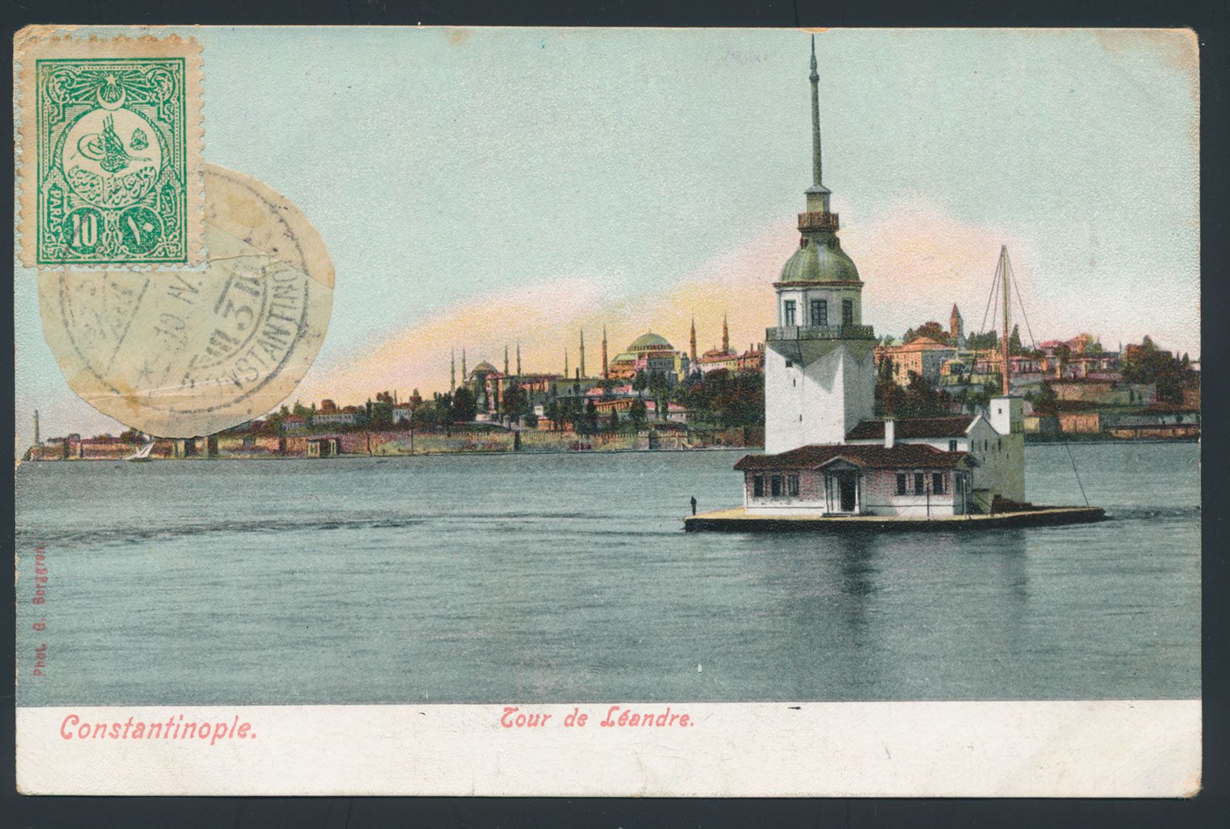 1908, incoming mail, colour picture postcard sent in envelope with opening at the stamp place put on the card, from Contantinople / Turkey to Boma Congo Free State, vf/f