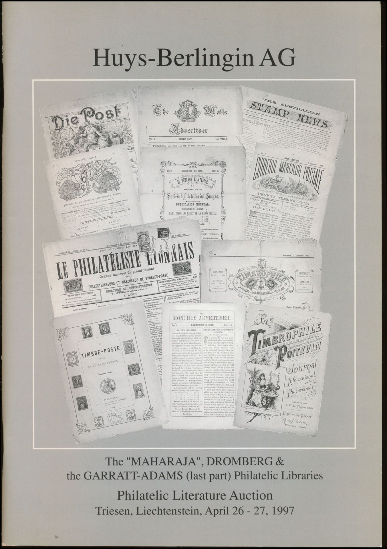 Set of 2 catalogues, The MAHARAJA, DROMBERG & the GARRATT ADAMS (last part) 1997 + Philatelic literature auction featuring the JOSEPH HACKMEY philatelic library 2002 (still in package), Liechtenstein; Huys-Berlingin AG; 1997 + 2002; printed; English; in very good condition