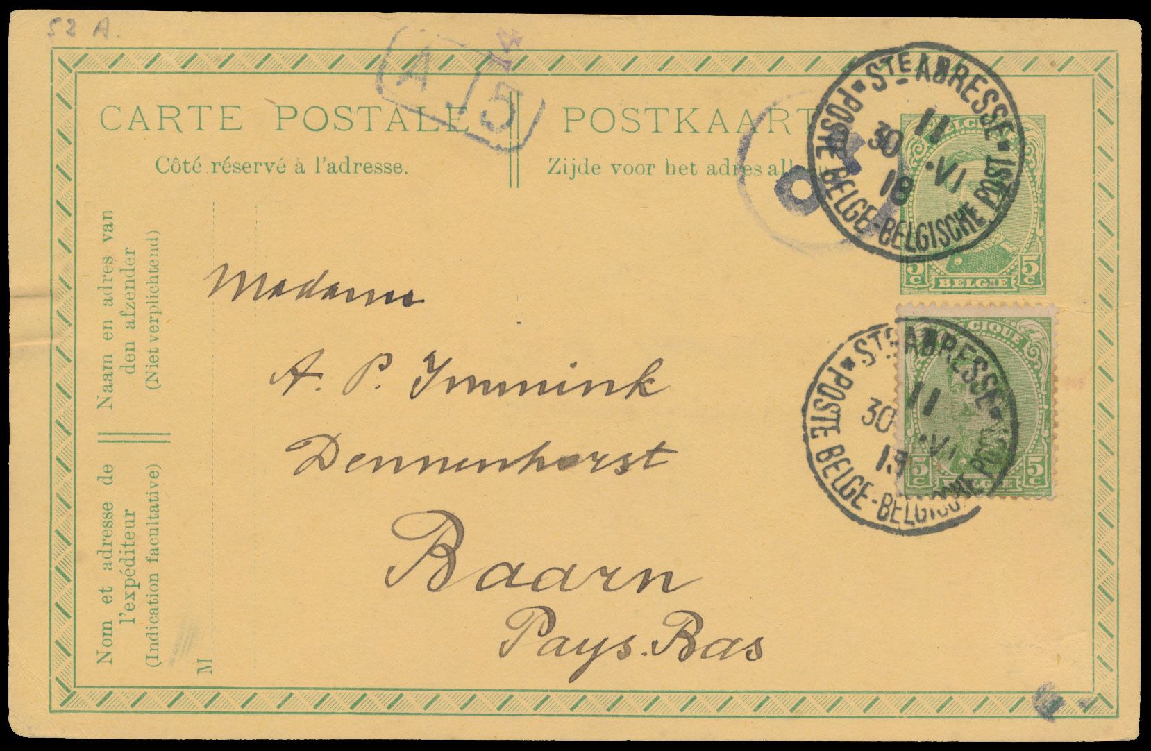 1918 PWST met OBP n° 137 verstuurd uit St. Adresse (30/5/18) naar Baarn/Nederland, met lijnstempel 