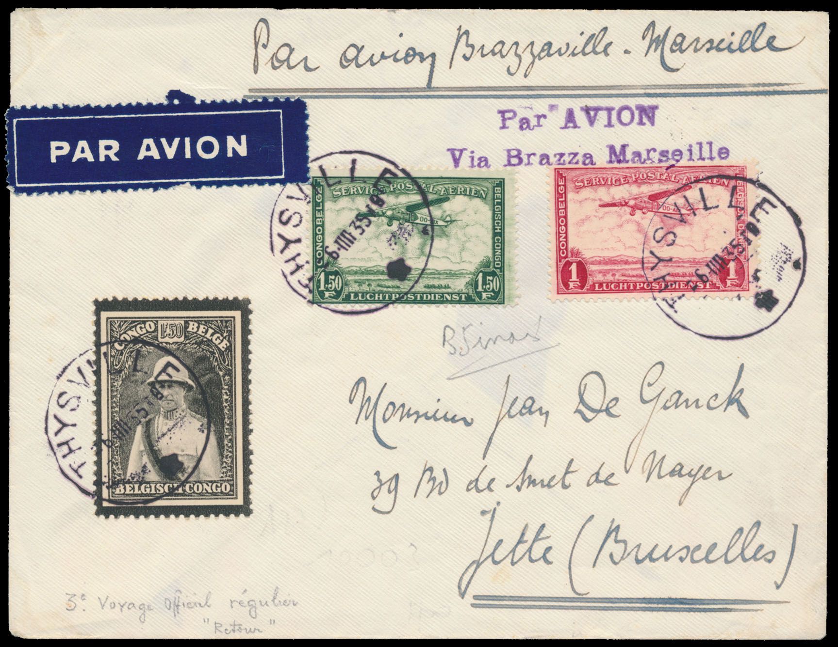 1935, airmail cover sent from Thysville / Belgian Congo on 6 April 1935 to Brussels, by 3rd flight of Brazzaville-Marseille airline, signed 