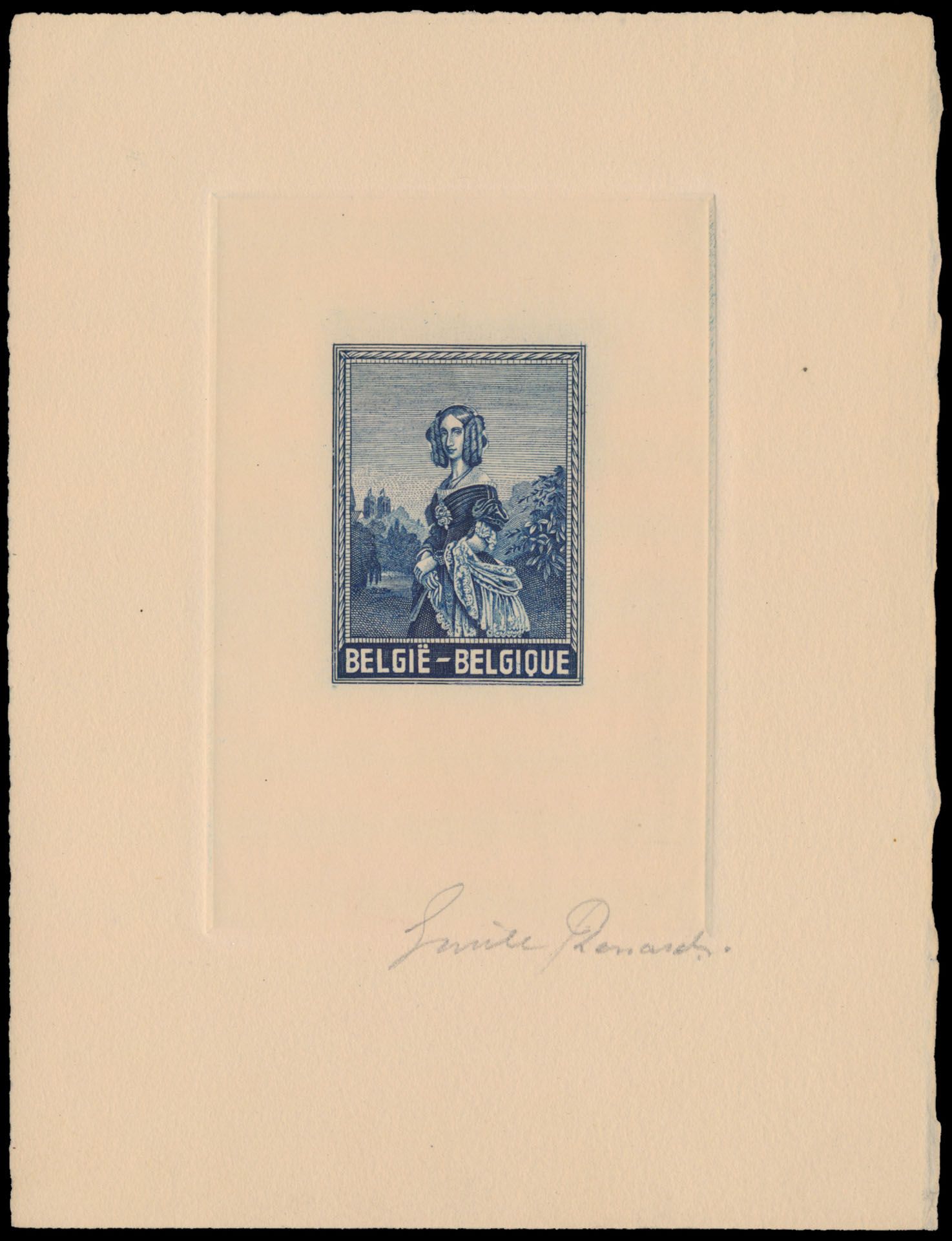 Stes 4539, niet aangenomen ontwerp '100 Verjaardag vd 1° Belg. postzegel' door Emile Renard (1949), in blauw op dik chamois papier, getekend door de artiest, (zonder zwart potlood inscriptie- Project de Timbre-Poste), zm/m.
