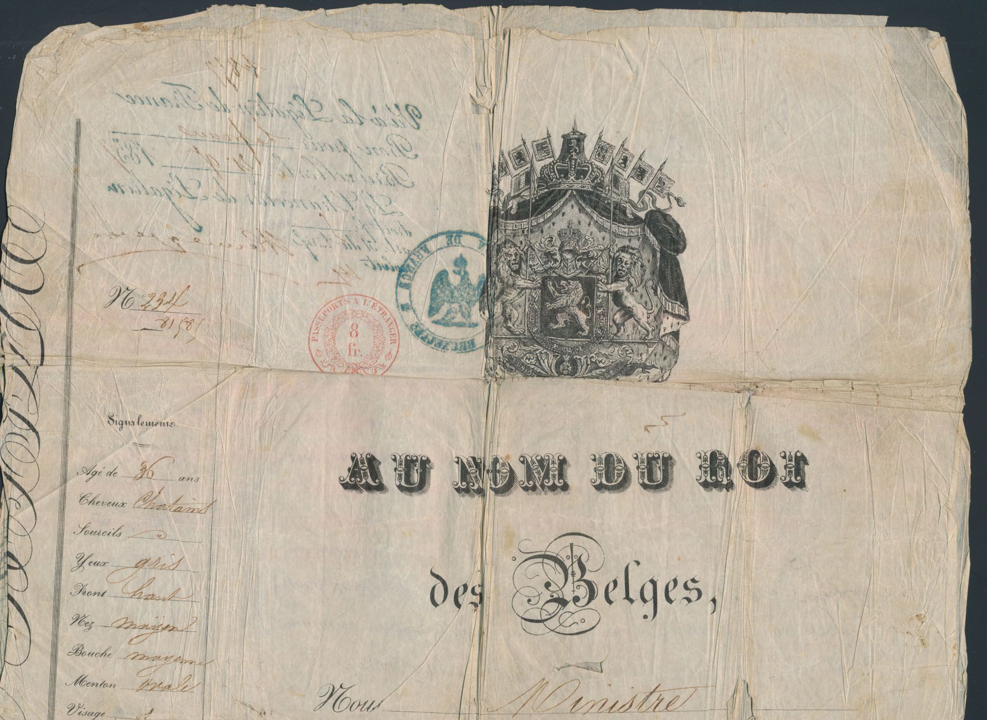 1857 Belgisch paspoort voor buitenland, prachtige brief met het logo van België, 