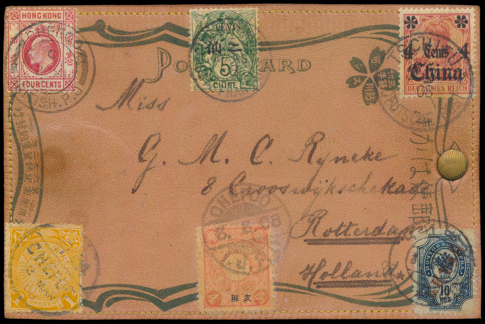 1908 Very nice leather card used as a wallet franked with 6 different stamps of China, foreign offices and Hong Kong from Chefoo to the Netherlands, unusual and in very fine condition, vf 
