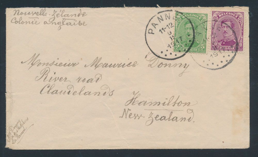 1917 N° 137 en 140 op briefje van De Panne 9/2/1917 naar Hamilton (Nieuw Zeeland), zm 