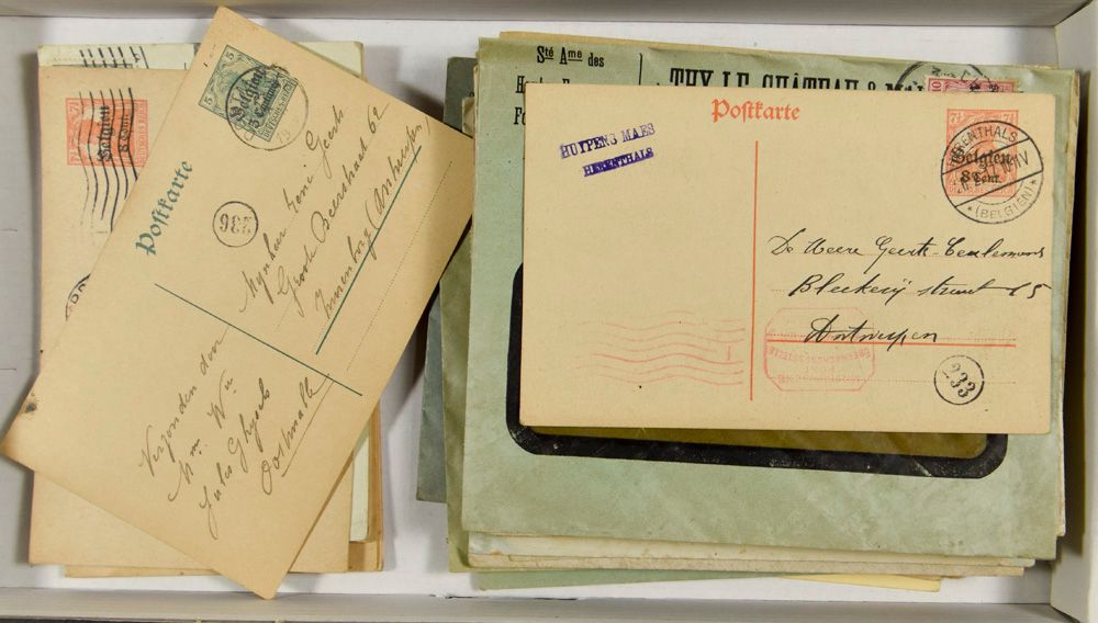 1915/1918, 52 stukken (brieven, postkaarten en PWST) met censuren, verstuurd uit Turnhout, Itegem, Herentals, Niel, Brussel, Mortsel, Oostmalle, Eigenbrakel, Gent, Cureghem, Charleroi, Arlon, Luttich, Beverlo, Mol, Hoogstraten, Mons, Couillet, zeer mooi voor studie, zm/m/ntz