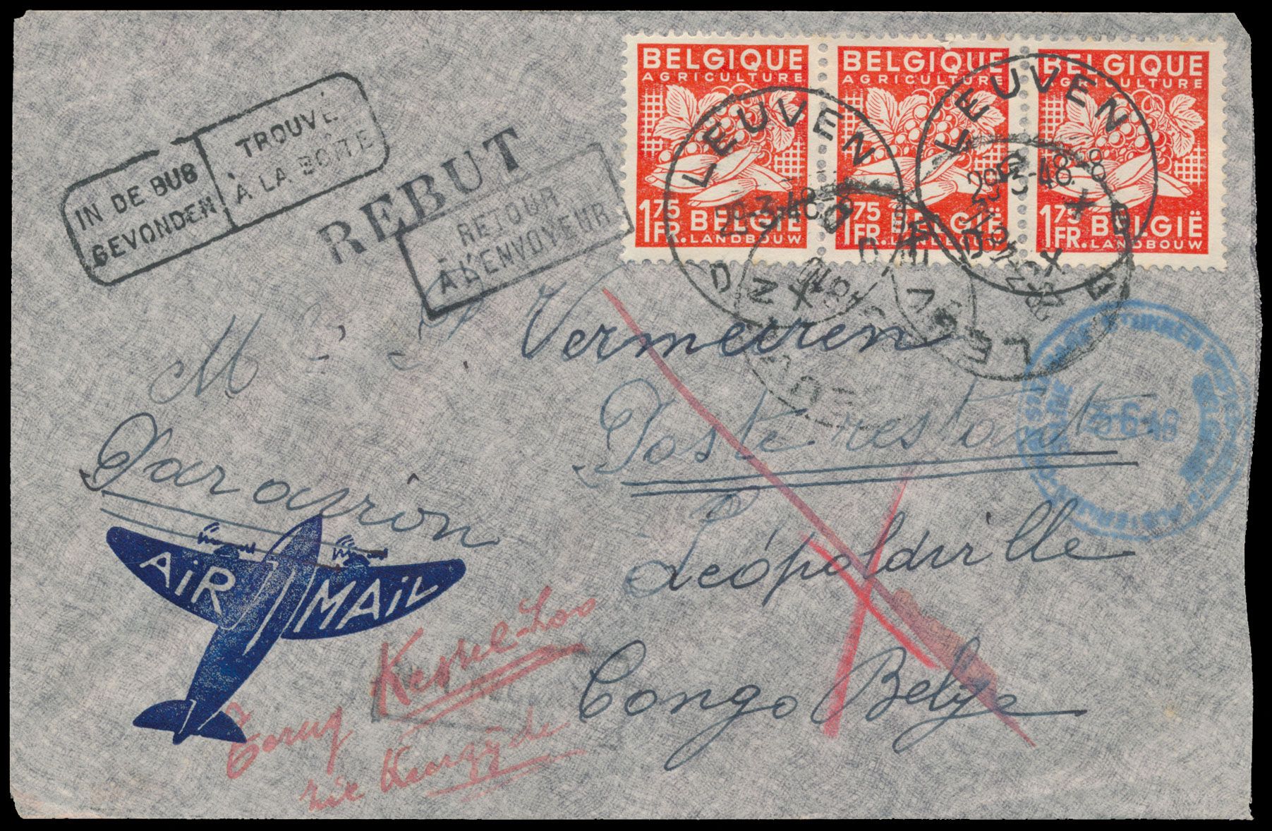 1948, incoming mail from Leuven / Belgium on 29 March 1948 to Leopoldville / Belgian Congo, several marks 