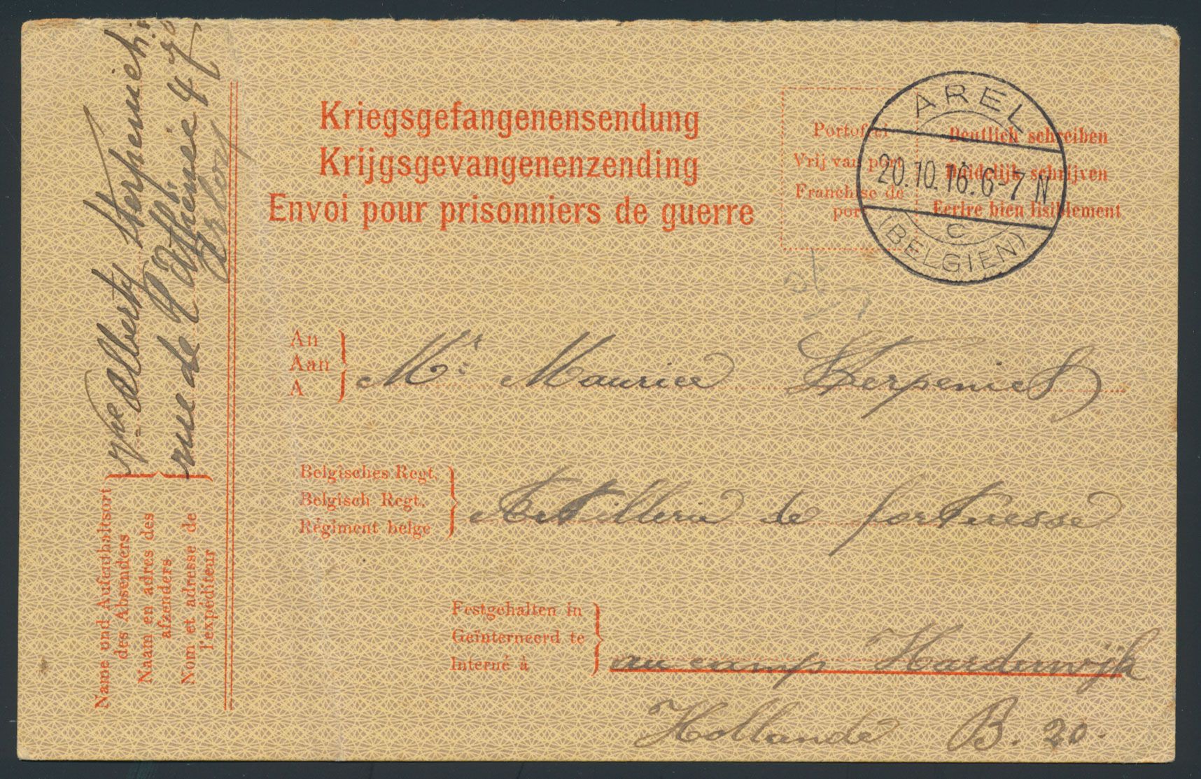 1916, krijgsgevangenenzending verstuurd uit Arel/ België (20/10/16) naar een soldaat 'Artillerie de Forteresse/ Camp Harderwijk' (Holland), met plooi, m/ntz.