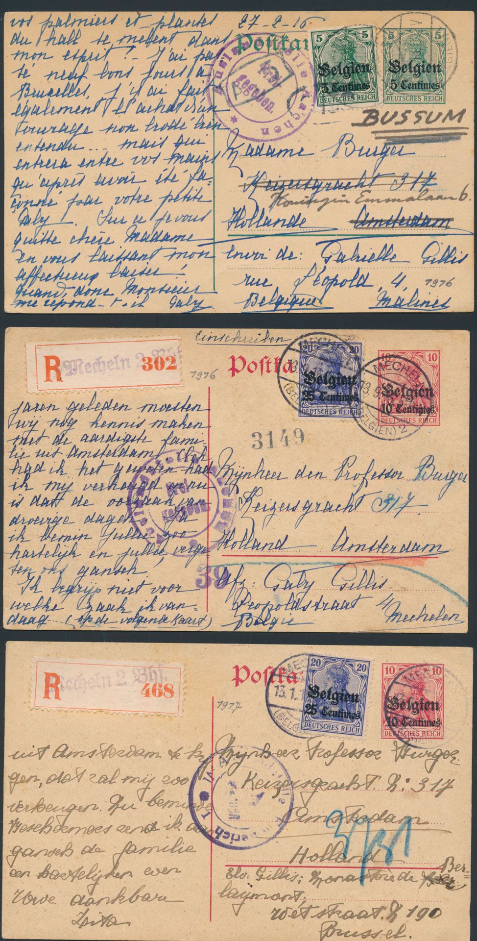 1916, 1 postwaardestuk en 2 aangetekende verstuurd uit Mechelen, naar België en Holland, censuren, zm.