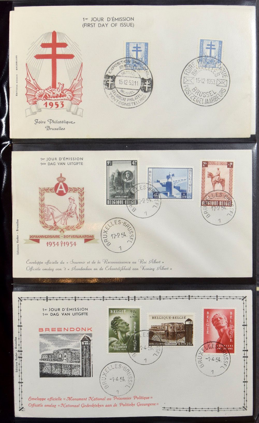 1953/2007, 10 albums met +/-800 FDC's, MK en 1° dagstempels, w.o. 938/40 en 943/45 + BL 31 en BL 32, zm/m/ntz
