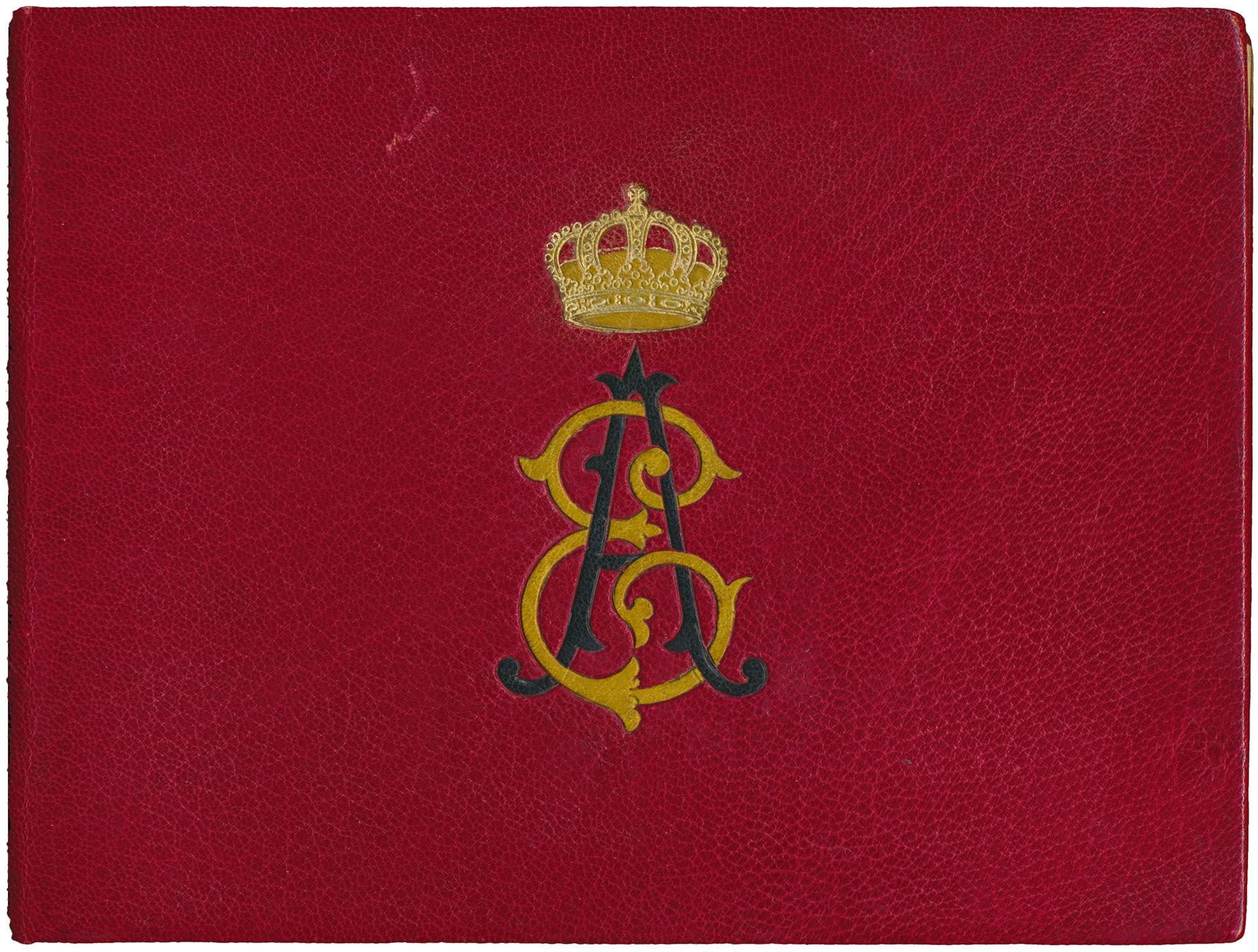 Album in bordeaux uit 1926 met initialen A.E. dat waarschijnlijk toebehoord heeft aan Koning Albert I, met de definitieve kleurproeven + de getande reeks, uniek stuk, zm - zie foto kaft