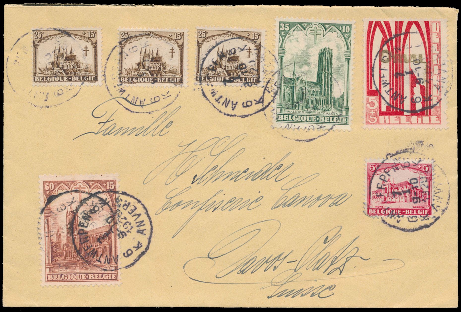 1929, brief verstuurd uit Antwerpen (7/1/29) naar Davos- Platz/ Zwitserland, gefrankeerd met (OBP) N°258, 267 268 (3x), 269 en 270, zm.