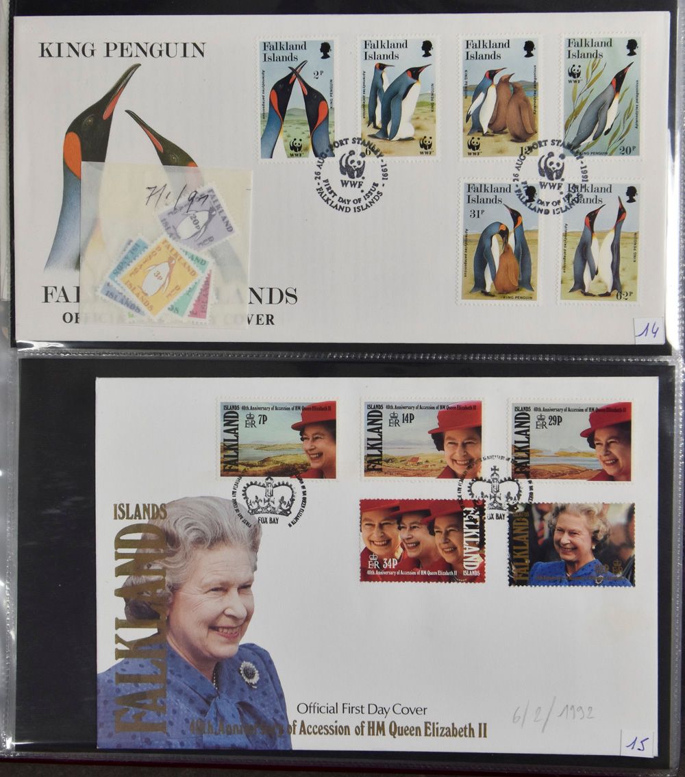 Malouines, Géorgie du Sud, Br Antarctique, Grosse collection de 307 FDC (1981/2010), dans 4 classeurs à anneaux.