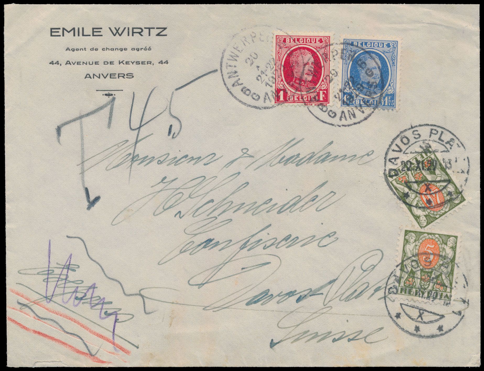 1929, Envoi express envoyé d'Anvers (20/9/29) à Davos-Platz/ Suisse, taxé avec 2 timbres de pénalité suisses (5c et 40c) 'Exprès' barré, affranchi avec des timbres Houyoux N° 256/257, tb.