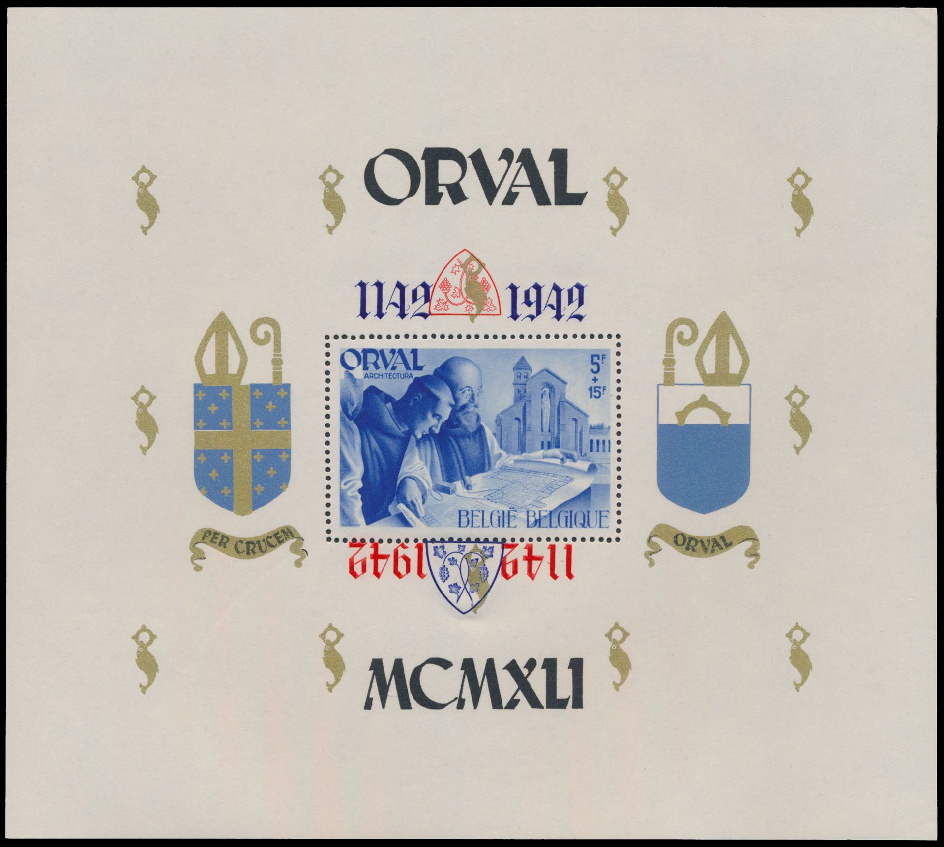 BL 24-Cu, Gothic numerals, perforated, NOT numbered, blue overprint instead of red overprint and with inverted red colour (shield and 1142 1942), zm (OBP ++€220)