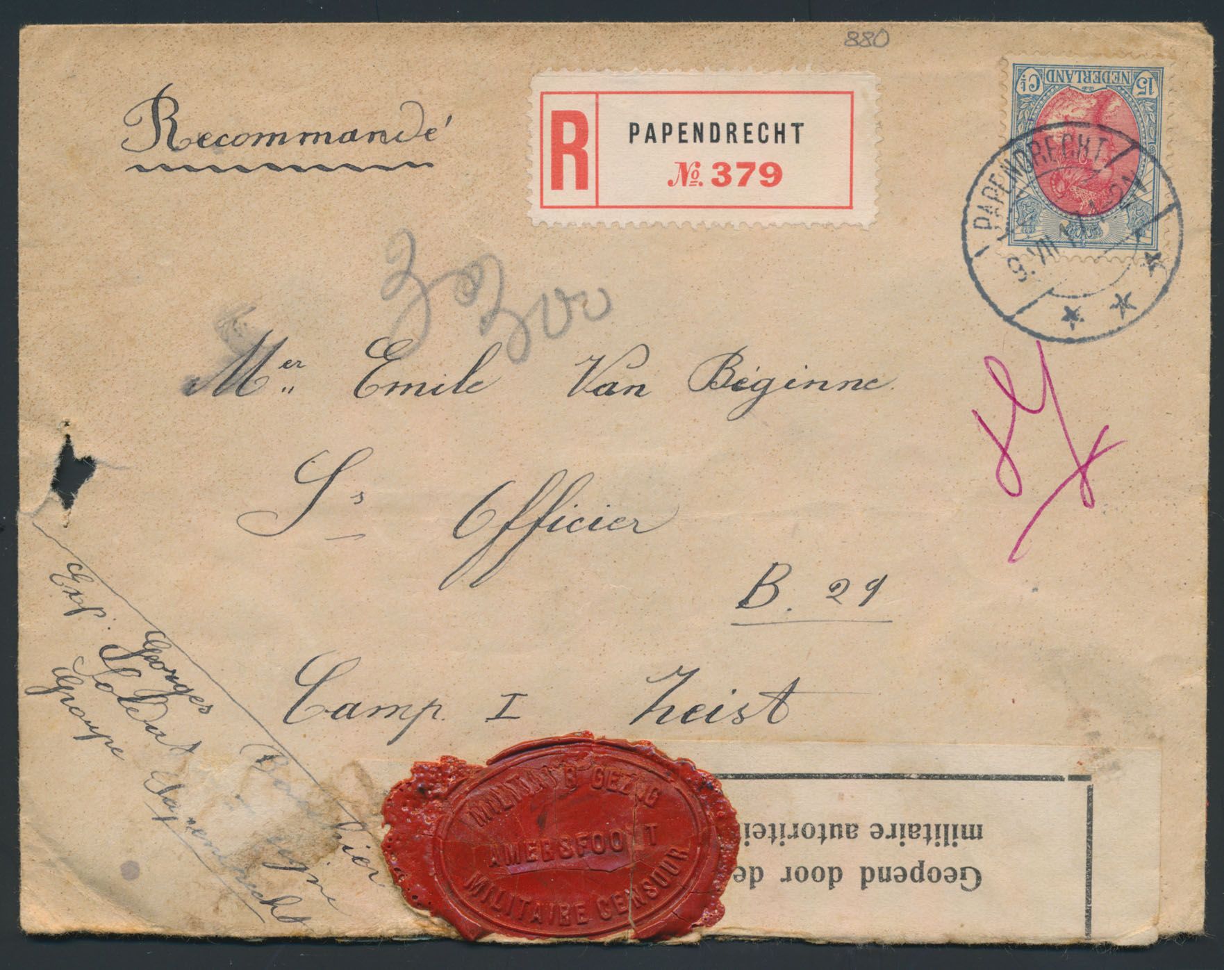 1917 Aangetekende brief van Papendrecht naar kamp bij Zeist met frankering n° 65, m
