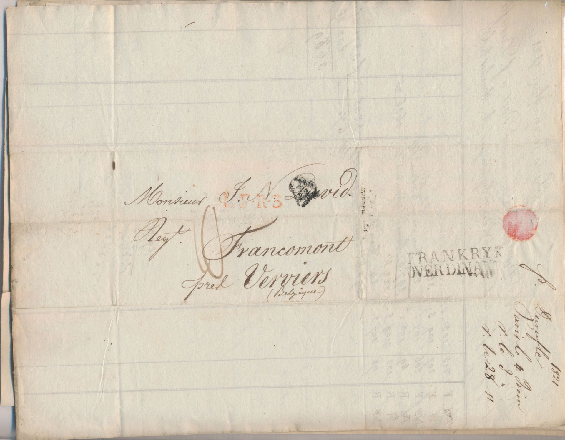 1818/1825 Samenstelling met 35 grensoverschrijdende documenten met trapeze P (Parijs), grensstempel Frankrijk/over Dinant, zm/m