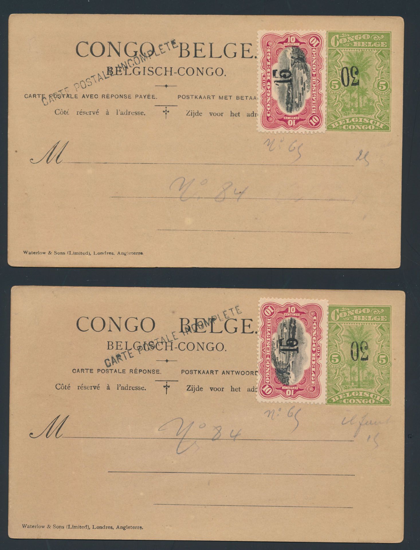 Stibbe nr 58-Cu (2x - one reply and one demand cards), with inverted surcharge 