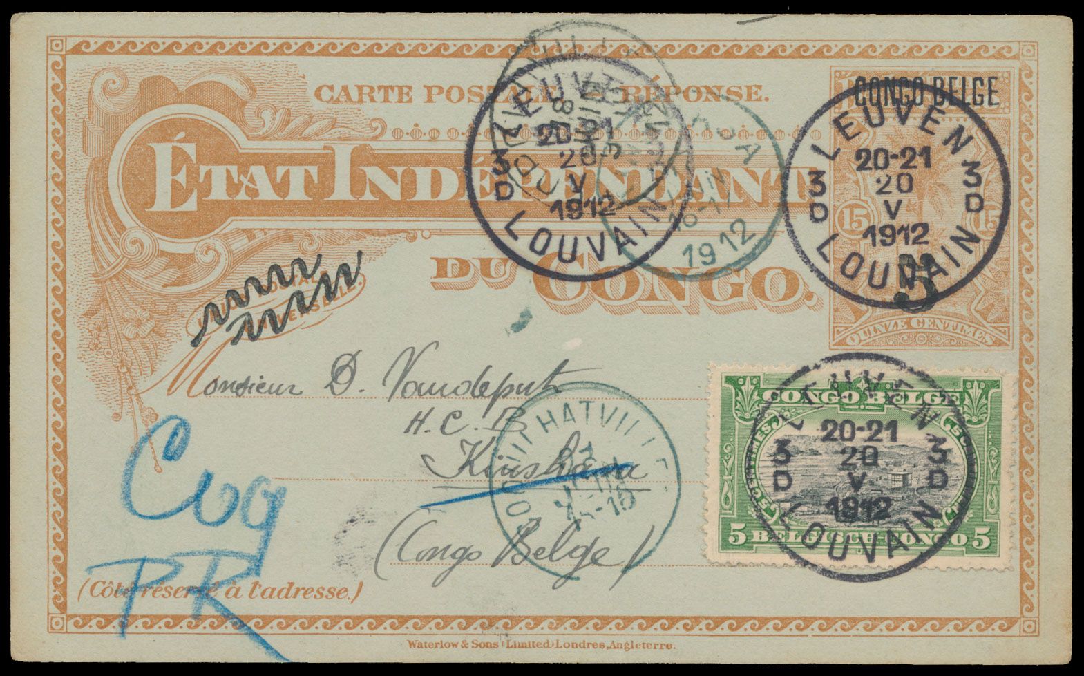Postal Stationery Stibbe 31TT, reply card with 5c green Mols Bilingual 1910 issue, sent from Leuven 3D / Belgium on 20 May 1912, back to the Congo, to Kinshasa and then redirected to Coquilhatville, transit by Leopoldville, Kinshasa and Coquilhatville, scarce item, vf