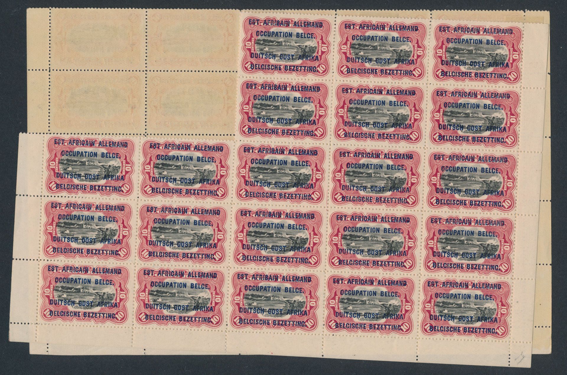 N° 28A (39x), 29B (45x - perf 15), 34B (49x) et 35B(49x), partie d'une feuille complète avec surcharge 