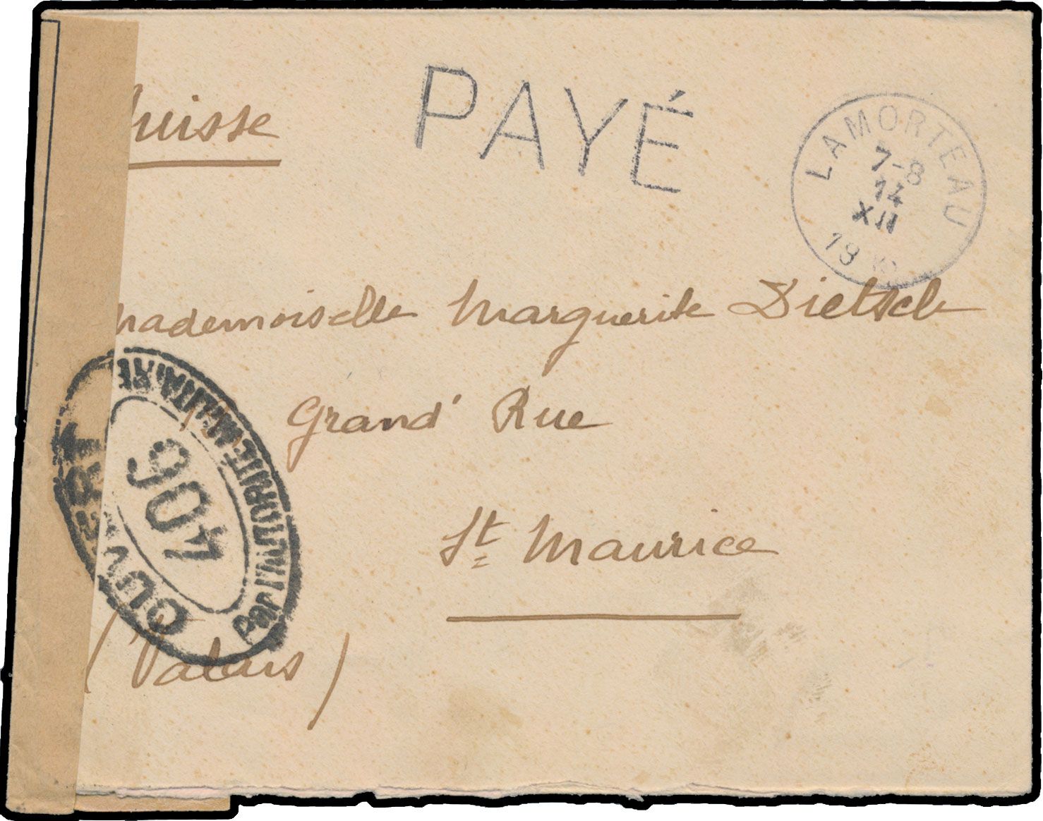 1918/1920, 5 zichtkaarten met verschillende noodstempels van Melle, Deurne, Lamorteau, Luik en Peruwelz, verschillende lijnstempels 