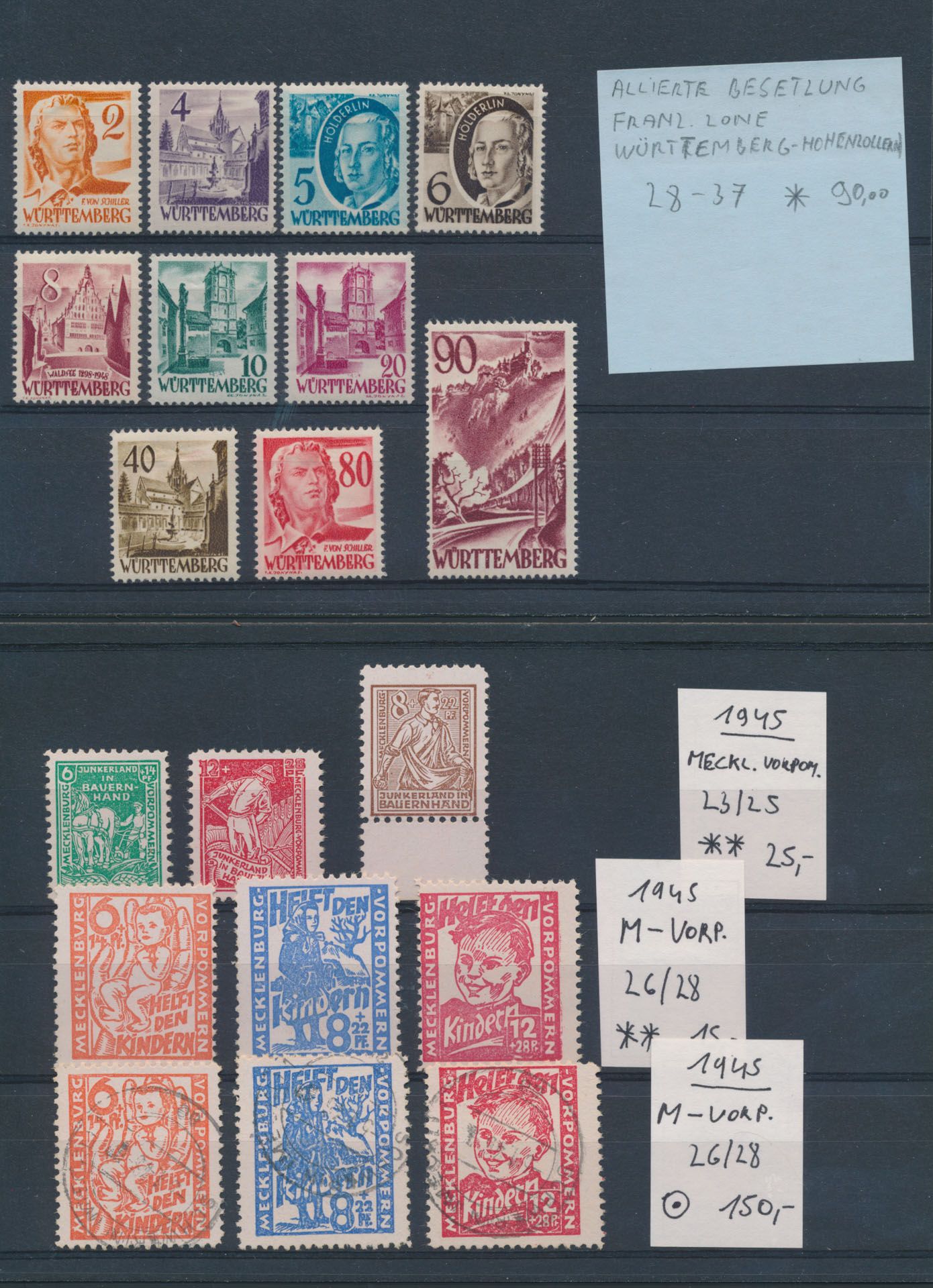 Diverses pièces sur cartes dont des zones, des livrets, des paires horizontales Bund, zm/m