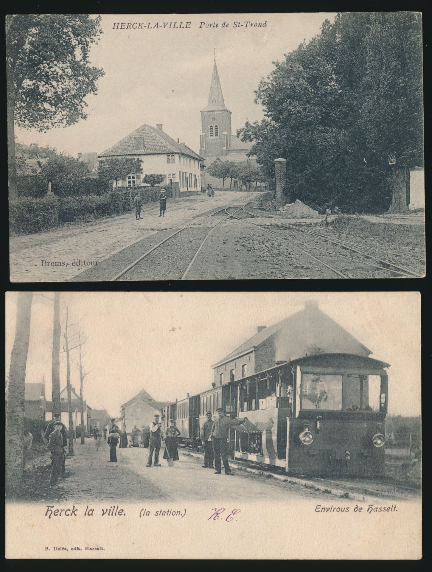 Provincie Limburg, Herk-de-Stad, aankomst van de stoomtram en tramstatie (2 stuks)