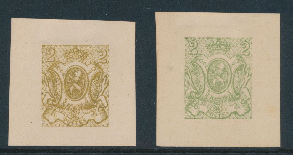 Type STES 1282, 2 privéherdrukken door Moens (1870), gebaseerd op originele matrijs van Dargent uit tekening van Delpierre, niet aangenomen ontwerpen, in groen en olijfgeel van 