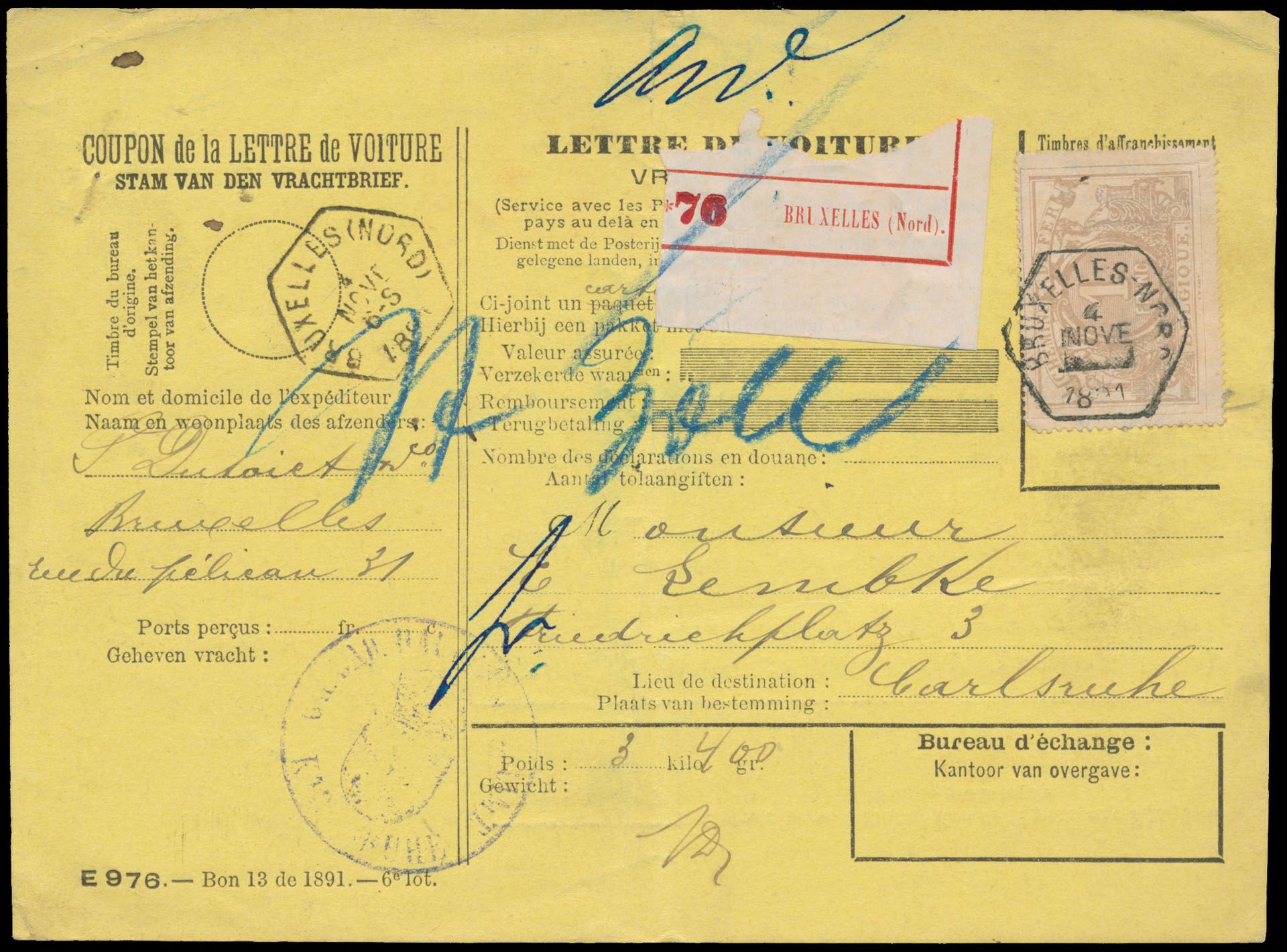 1881 Lettre de voiture - Vrachtbrief E. 976 - Service avec les postes de l'Empire Germanique..., Frans- en Nederlandstalig, gefrankeerd met TR13 met afstempeling Bruxelles(Nord), dd. 4 november 1881, naar Karlsruhe, zm