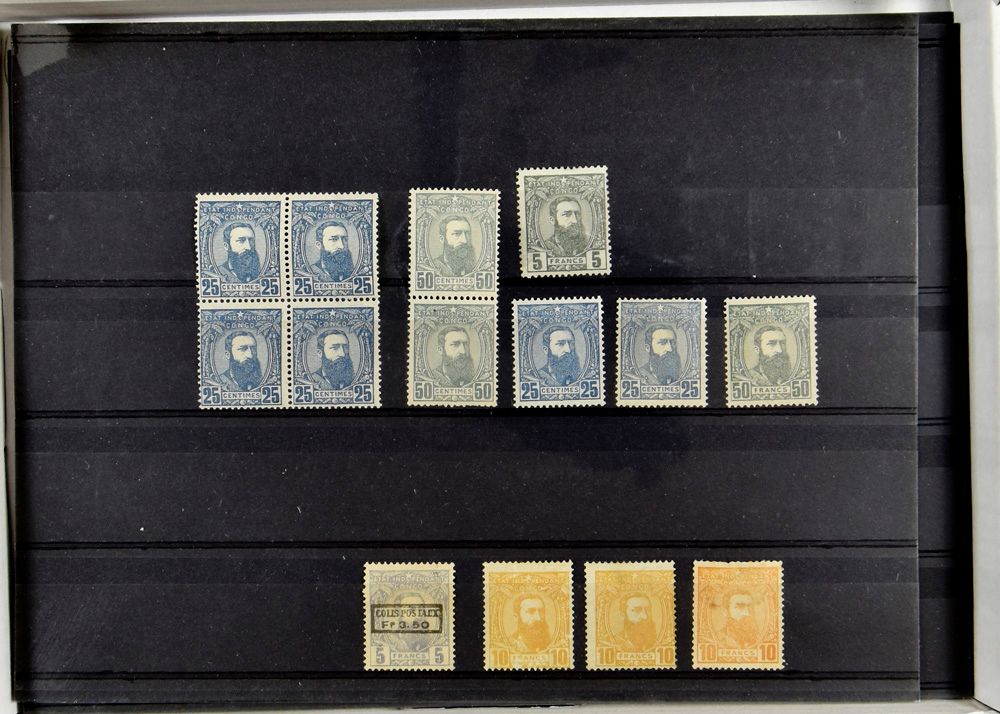 1887/1895, Konvolut von 95 Briefmarken der Ausgabe 1887 Leopold II, mehrere Blöcke, Schattierungen, Abstempelungen, einige Fälschungen, für Spezialist, vf/f/zu prüfen