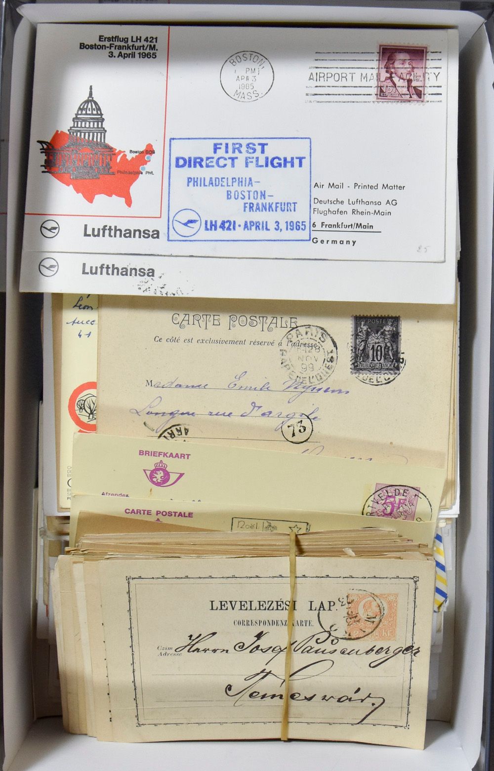 Accumulation dozens of postal items, various countries and periods in shoe box including Hungary, USA, France, Switzerland, etc., vf/f/to be checked
