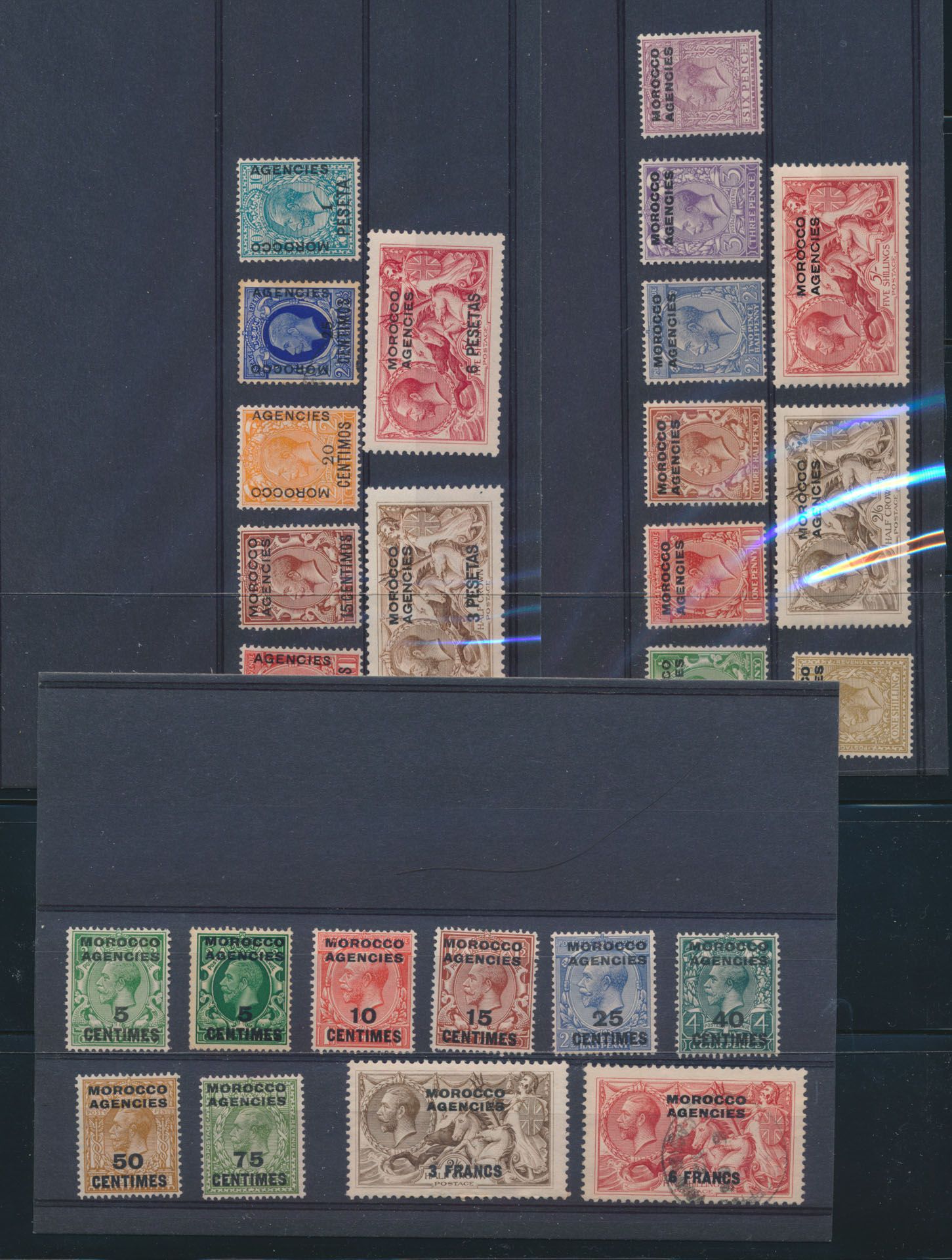 Zusammenstellung besserer Marken auf Karten, u.a. Spanische Sahara 1/12* (mit geprüftem Katalog-Wert), Marokko (inkl. englische Ämter), französische und englische Territorien, Japan, Shanghai, Korea, einwandfrei/schön/zu kontrollieren.