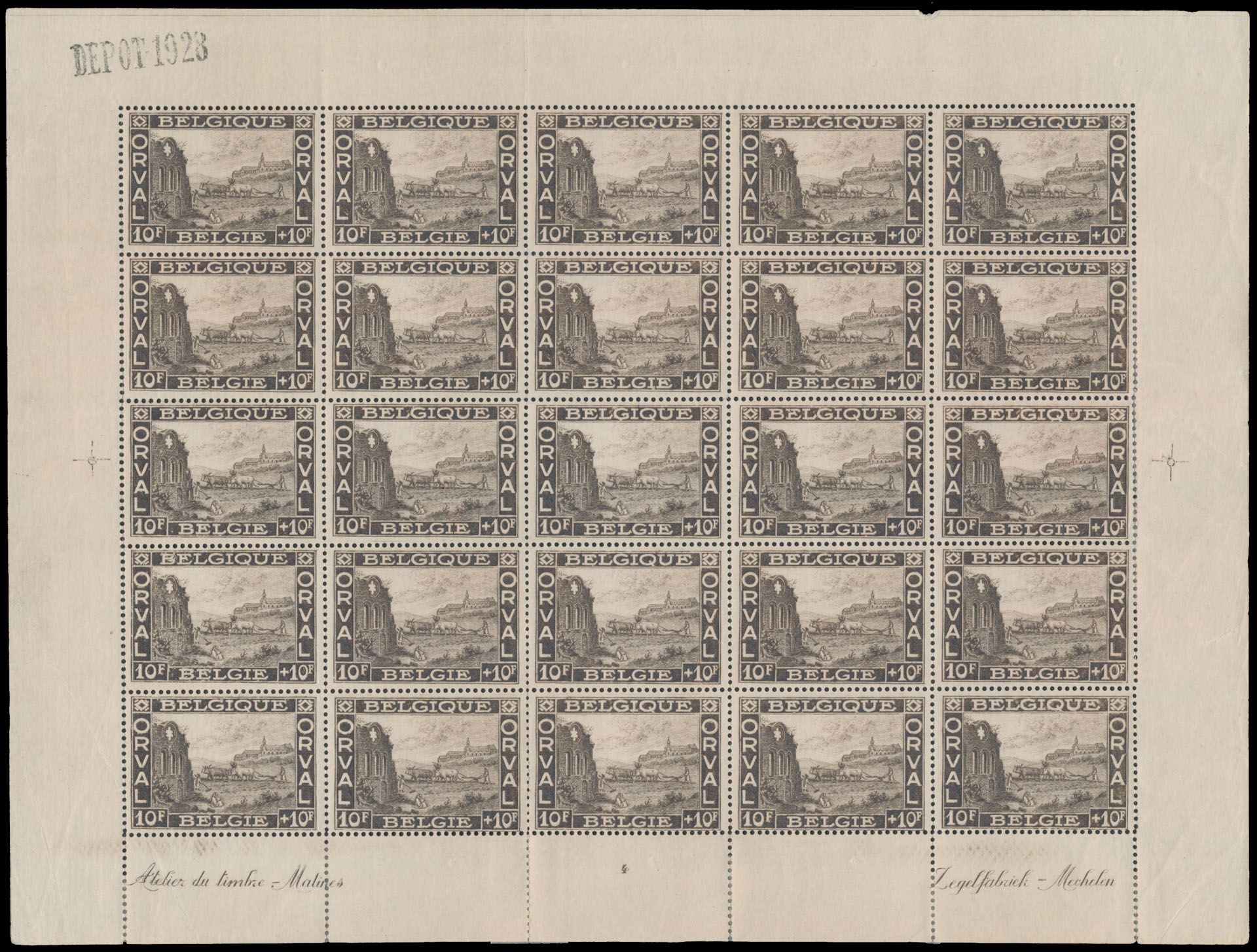 F 266 '10F + 10F zwartsepia' (velletje van 25) met plaatnr. 4 + randinscripties, scharnieren in de velrand (ook onderaan om te verstevigen), alle zegels ** (1 zegel linksonder plooitje + enkele kleine opmerkingen in de bladboord), zm/m.
