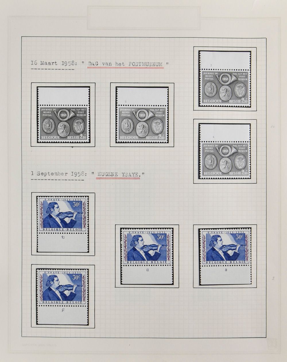 1921/1957 Verzameling diverse uitgiften op bladen, waarbij plaatnummers (o.a. Boudewijn bril), dienstzegels, TX, curiositeiten, zm