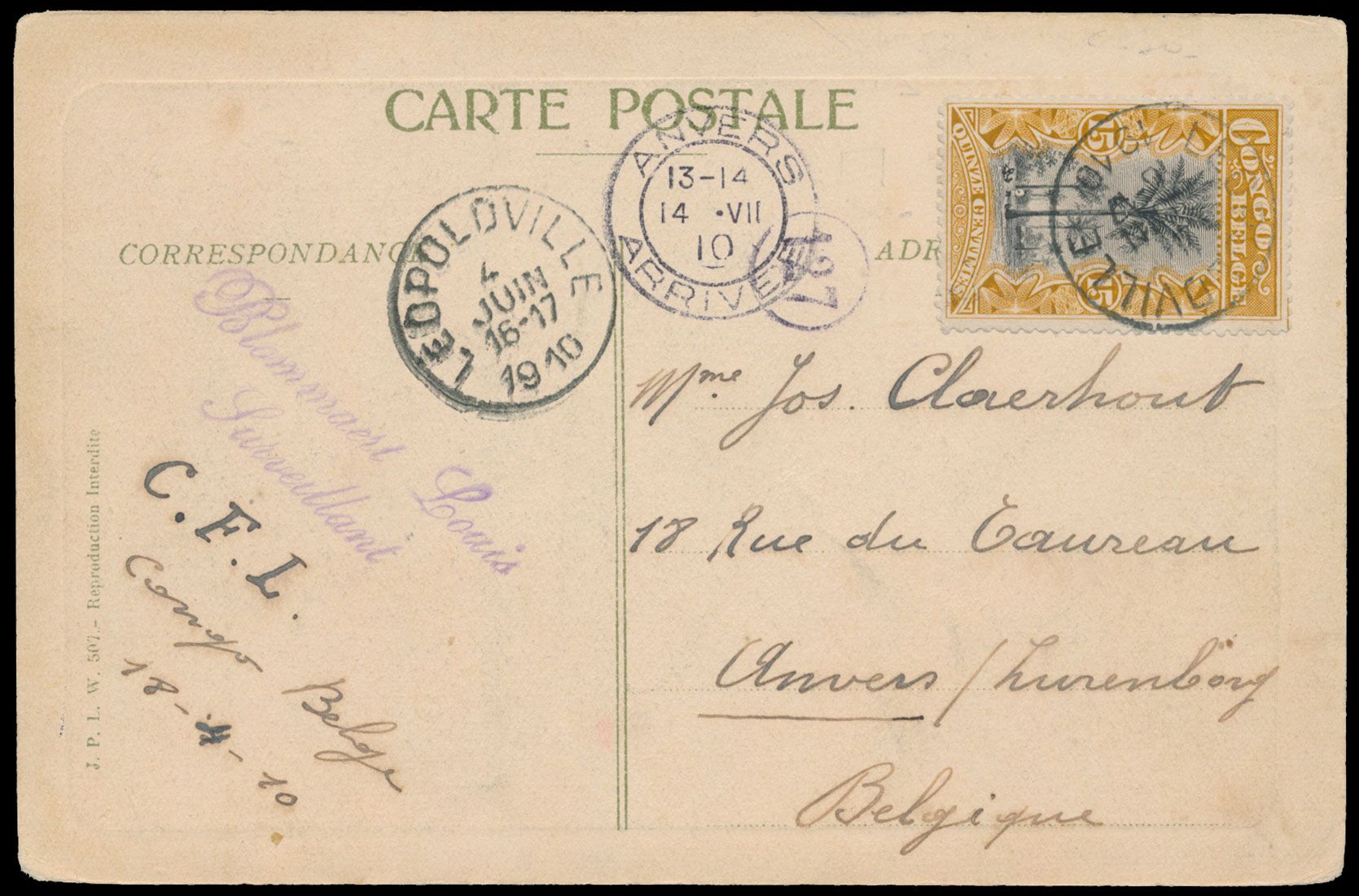 1910, picture postcard sent from Leopoldville on 4 June 1910 to Anvers / Belgium by a 