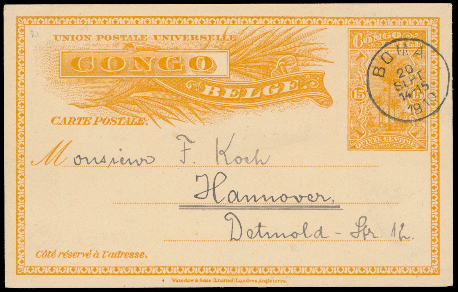 Postal stationery Stibbe 37, used Bom/ Belgian Congo 20 sept. 1910 to Hannover/Germany, vf (Catalogue value €65)