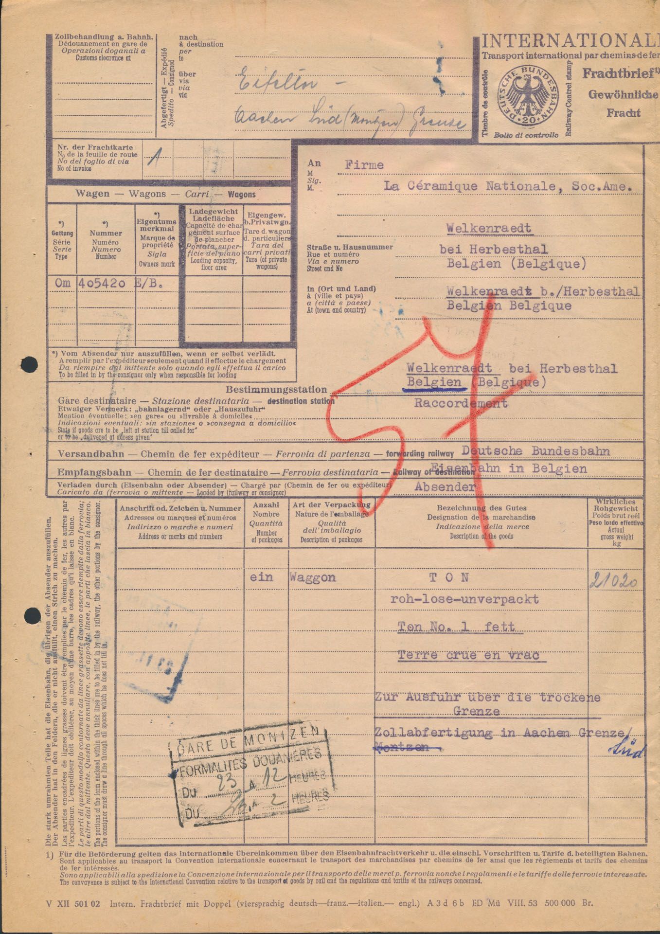 1923/1953 Samenstelling 30 Duitse vrachtbrieven, meestal naar Herbesthal (Oostkantons) en Welkenraedt, station- en douanestempels van Montzen, zm/m/ntz