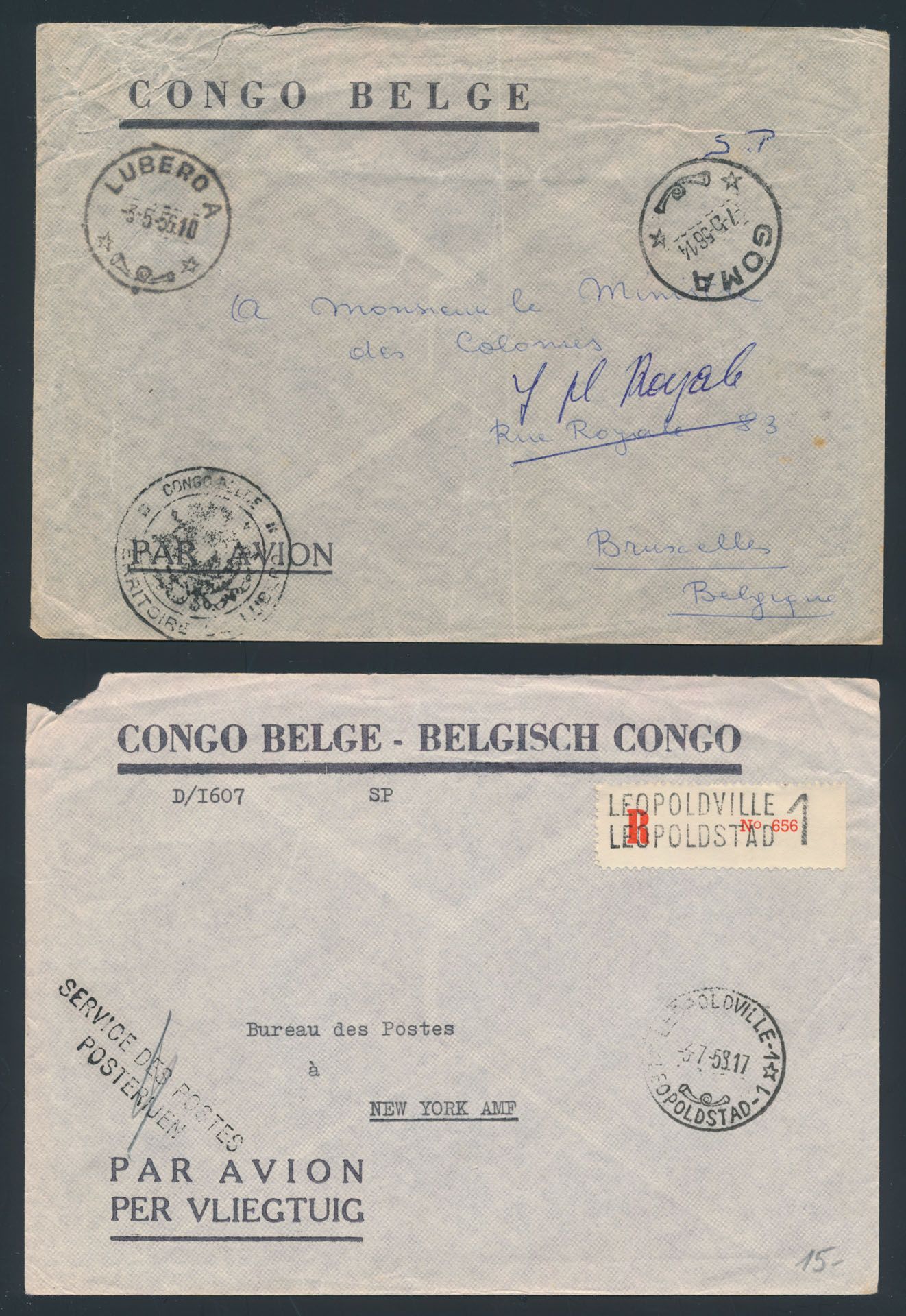 1956/1958, 2 covers, one registered, in postage free from Gome to Brussels via Lubero A and from Leopoldville to New York (scarce), vf/f