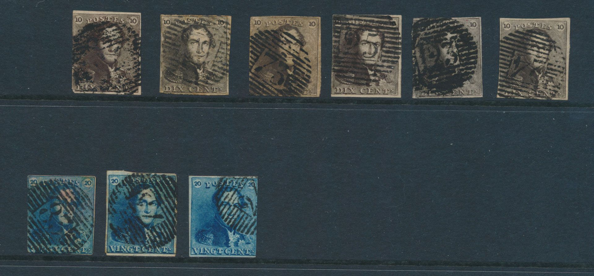 Small lot N° 1 (6x) and 2 (3x), only 1 fully margined stamp, the others repaired or with minor defects, several griffs, f/to be checked