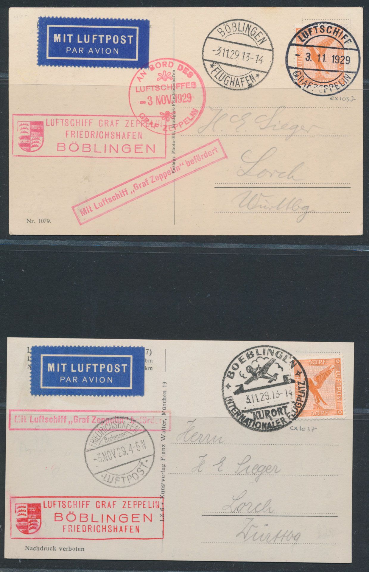 1929, 4 Ansichtskarten mit Abbildung des Zeppelins, alle einwandfrei frankiert Adler, zm.