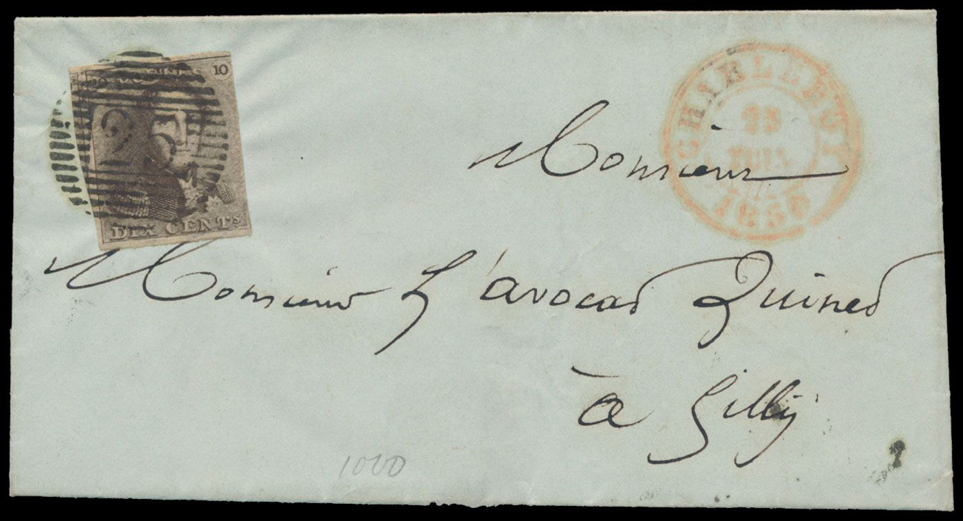 Two letters from Charleroi and Chatelet with N° 1 + letter with N° 2A with 14 bars cancelled from Chatelet. all dated 1850 and with minor defects. 