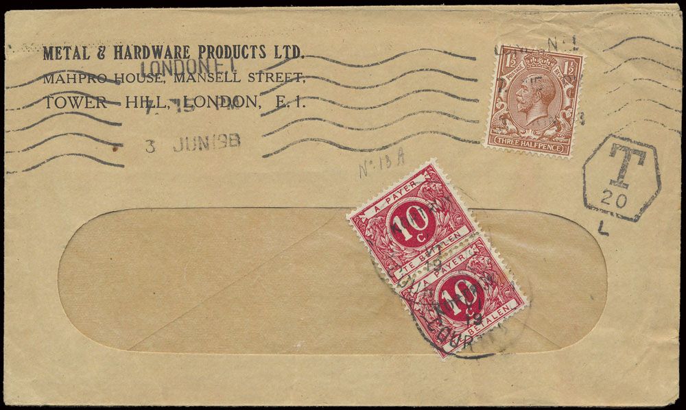 1917 N° 141 (Yv.), Engeland, Brief van London, dd. 3 juli 1917, gefrankeerd met 1 ½ p terwijl het eigenlijk port 2 1/2p. moest zijn, een te weinig van 