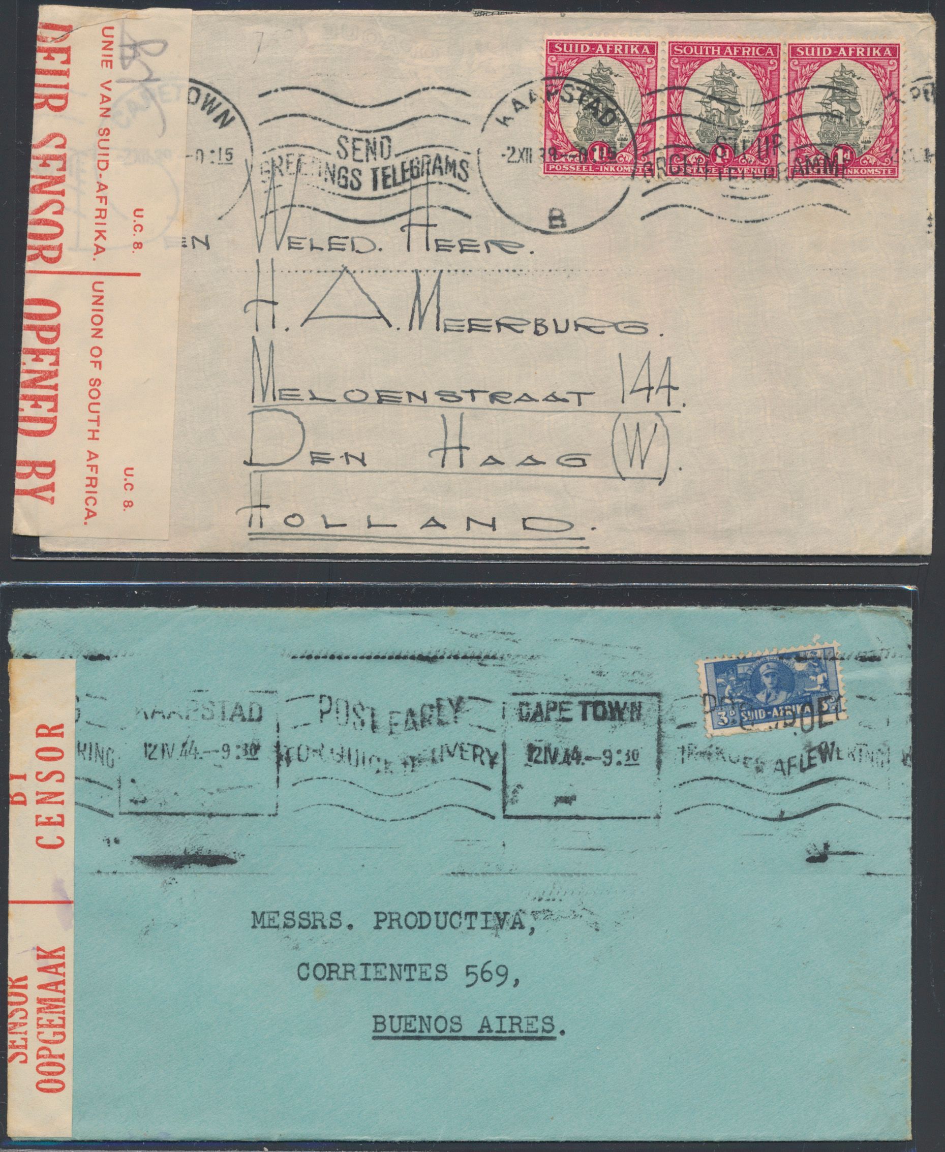 Nice accumulation of censorship documents 1915/1944 including the Netherlands, South Africa, Egypt, Switzerland (16 items), vf/f. 
