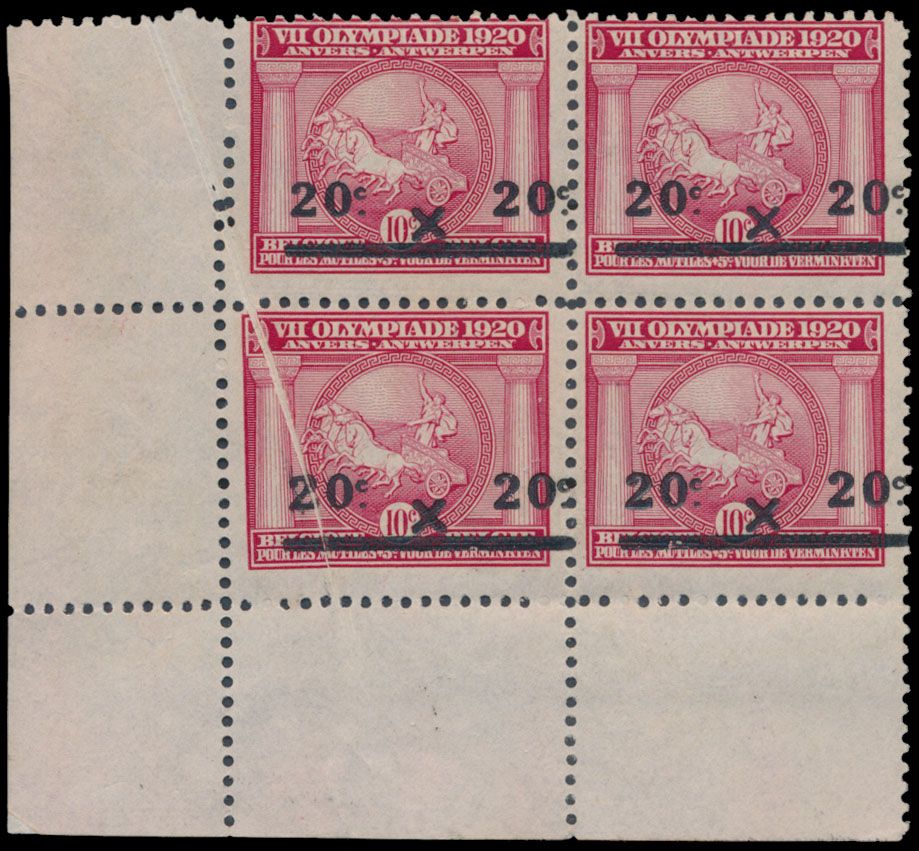 N° 185-Cu '20c op 10c karmijn' (Blok van 4) met zeer mooie accordeonplooi, zm.