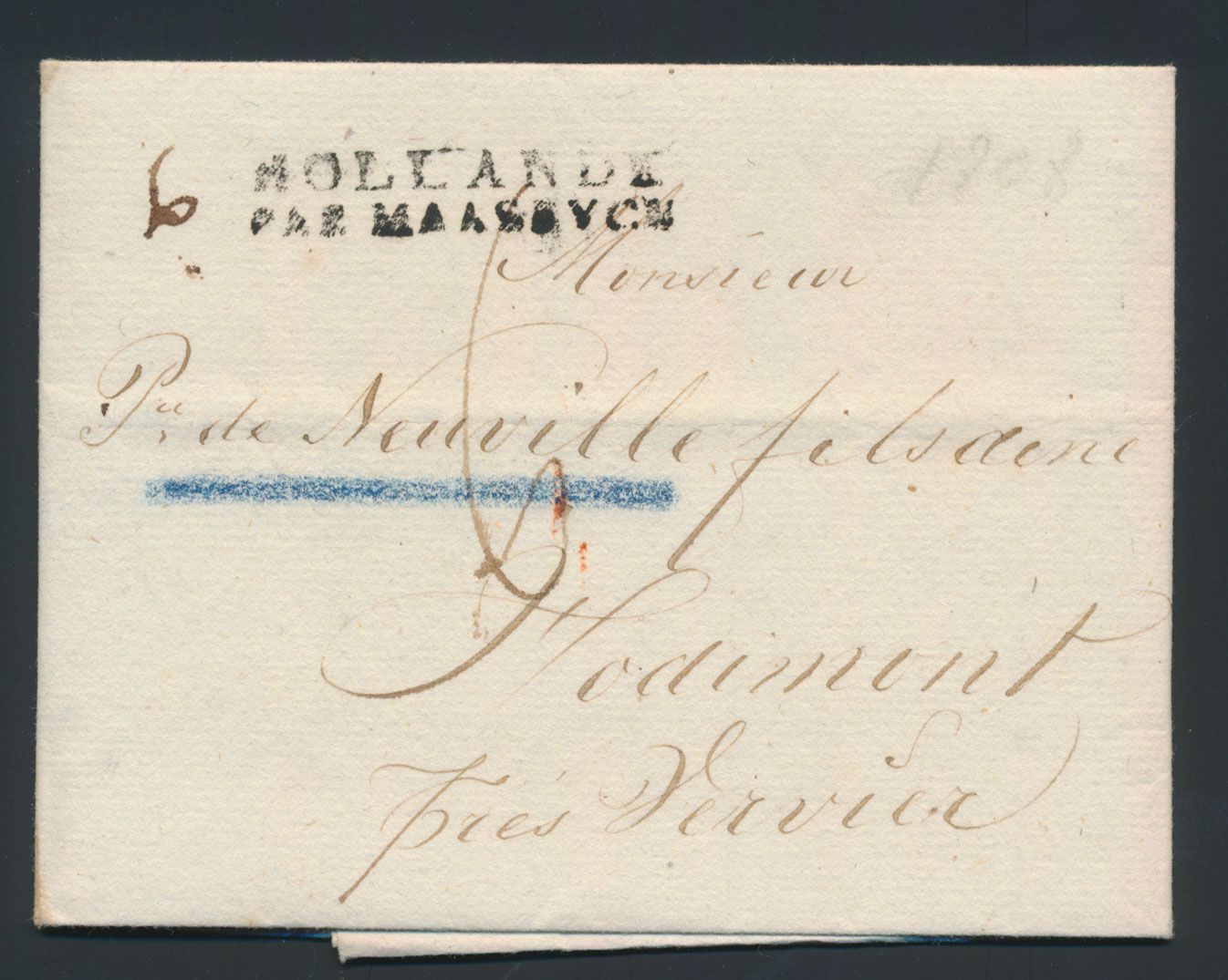 1808, Vorläufer aus Amsterdam (Niederländisch), vom 5. April 1808, nach Hodimont geschickt, sehr schöner zweizeiliger schwarzer Stempel 