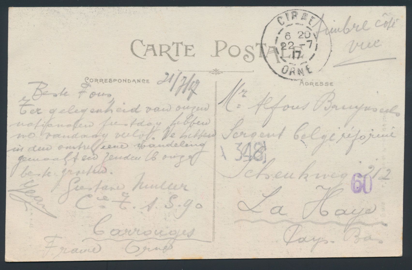 1917, zichtkaart verstuurd uit Ciral/ Orne France naar Holland, gefrankeerd met 10c Albert I gest. Ciral/ Orne 22/7/17, zm.